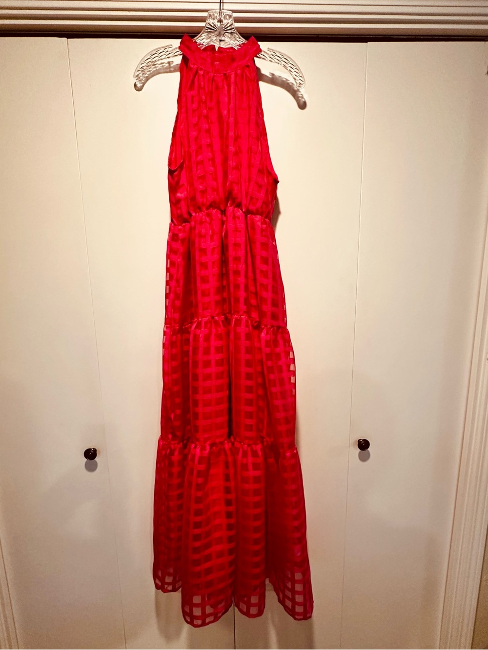 Windowpane Chiffon Halter Maxi Dress in Fuchsia Pink - Women’s L - Picture 2 of 16